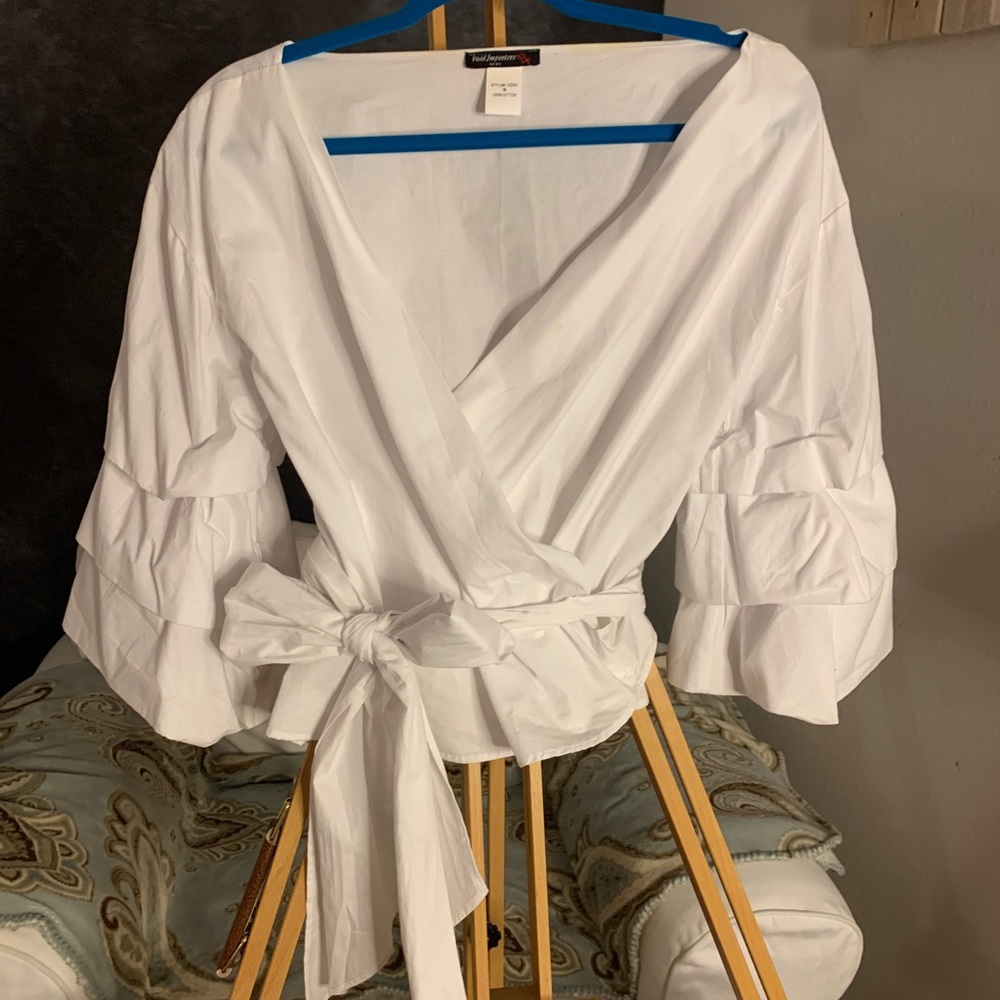 White Cotton Wrap Blouse w/ Puff Sleeves
